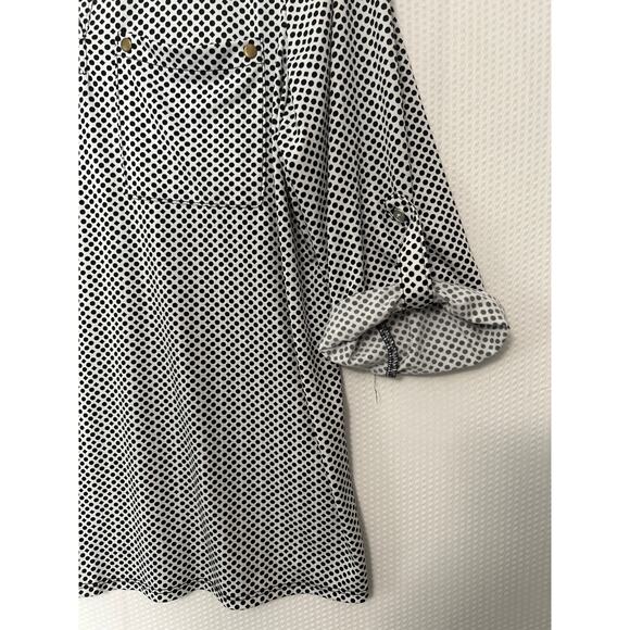 Notations Blouse Black White Geometric Print Button Front Roll Tab Sleeve Medium - Picture 3 of 10